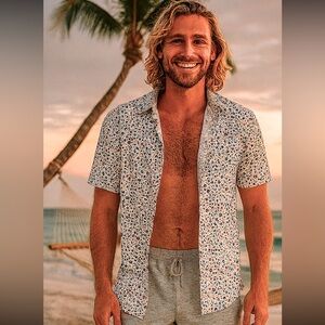 Denim & Flower Ricky Singh Floral Shirt Slim Fit Size L | Red White Blue Print